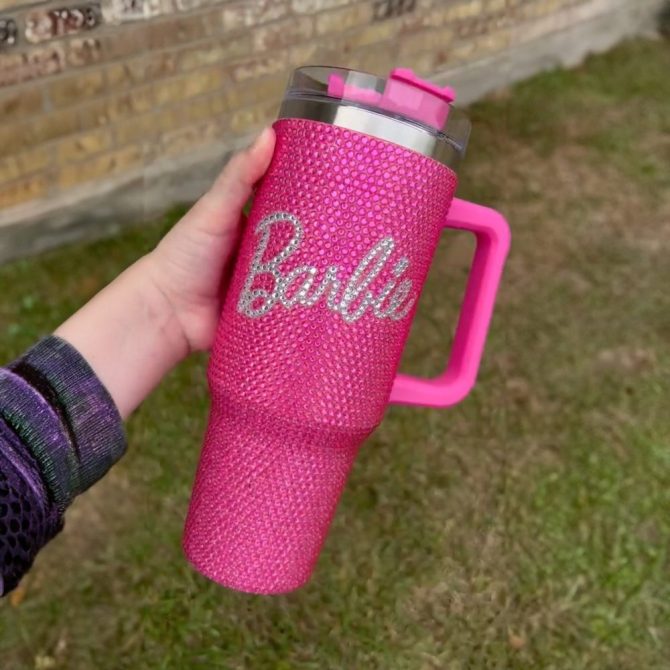 Rhinestone Bling Barbie Doll Cartoon Custom Stanley Quencher 40Oz Stainless Steel Tumbler With Handle - Image 2