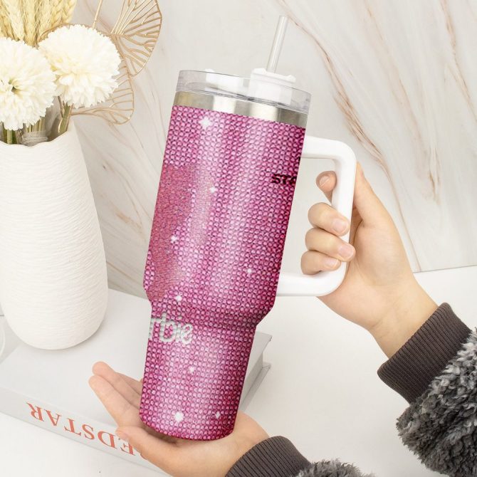 Rhinestone Bling Barbie Doll Cartoon Custom Stanley Quencher 40Oz Stainless Steel Tumbler With Handle - Image 3