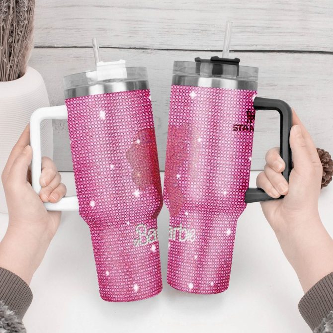 Rhinestone Bling Barbie Doll Cartoon Custom Stanley Quencher 40Oz Stainless Steel Tumbler With Handle - Image 4