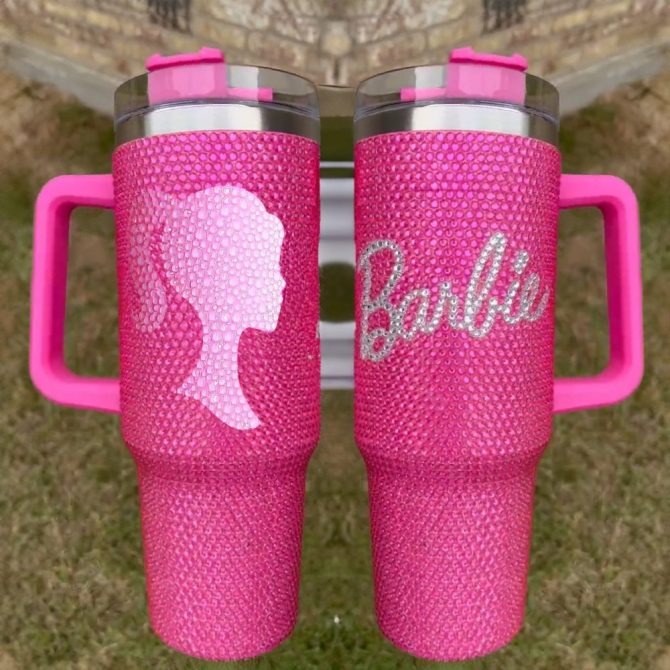 Rhinestone Bling Barbie Doll Cartoon Custom Stanley Quencher 40Oz Stainless Steel Tumbler With Handle