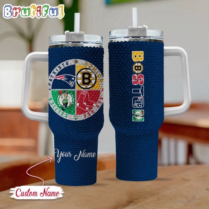 Rhinestone Bling Boston Sport Logo Team Custom Stanley Quencher 40Oz Stainless Steel Tumbler With Handle