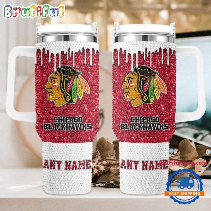 Rhinestone Bling Chicago Blackhawks Nhl Sports Custom Stanley Quencher 40Oz Stainless Steel Tumbler With Handle