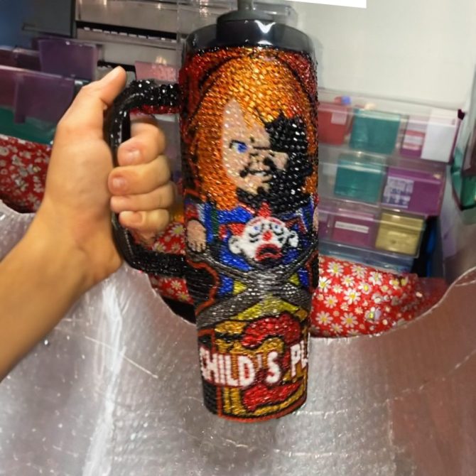 Rhinestone Bling Chucky Horror Movies Custom Stanley Quencher 40Oz Stainless Steel Tumbler With Handle - Image 2