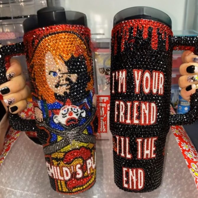Rhinestone Bling Chucky Horror Movies Custom Stanley Quencher 40Oz Stainless Steel Tumbler With Handle