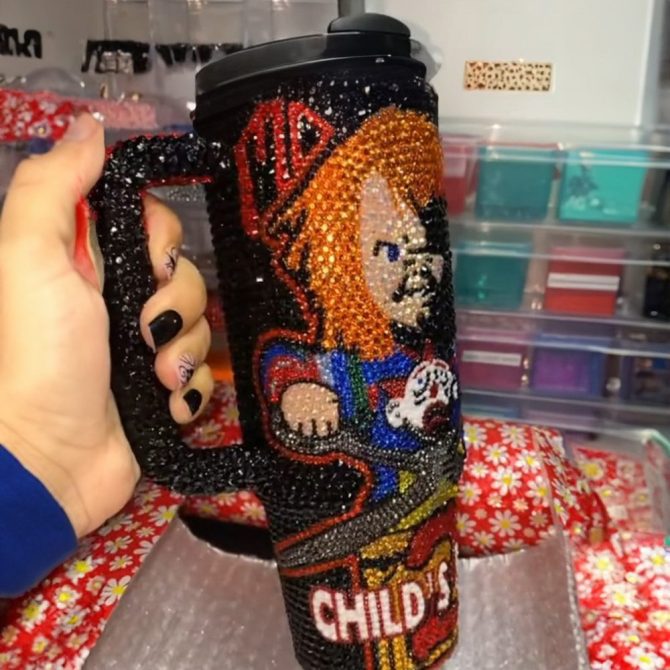 Rhinestone Bling Chucky Horror Movies Custom Stanley Quencher 40Oz Stainless Steel Tumbler With Handle - Image 4