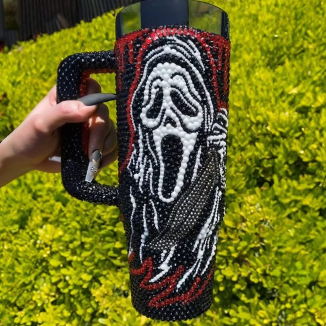 Rhinestone Bling Ghostface Horror Movies Custom Stanley Quencher 40Oz Stainless Steel Tumbler With Handle - Image 3