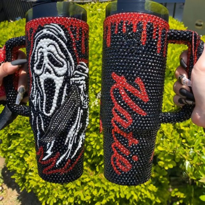 Rhinestone Bling Ghostface Horror Movies Custom Stanley Quencher 40Oz Stainless Steel Tumbler With Handle