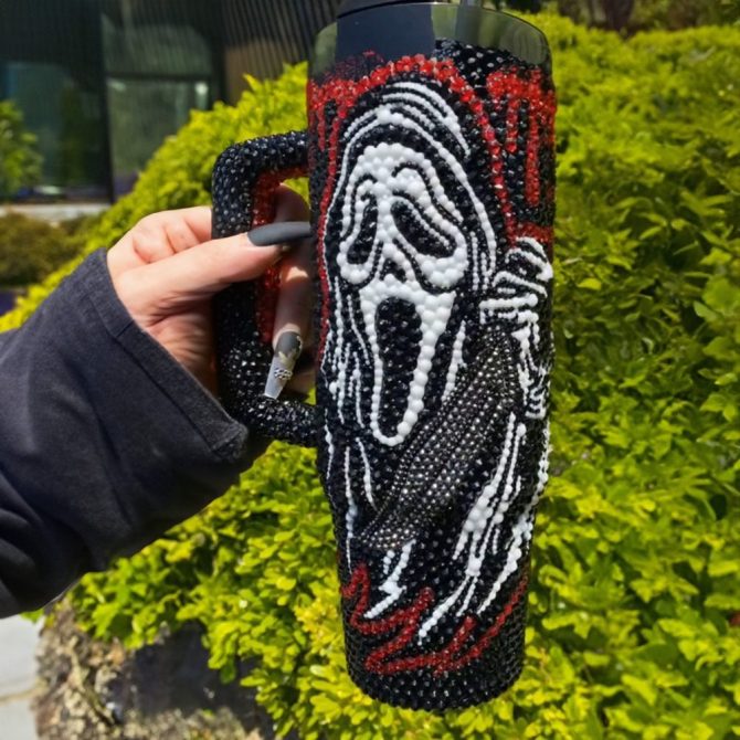 Rhinestone Bling Ghostface Horror Movies Custom Stanley Quencher 40Oz Stainless Steel Tumbler With Handle - Image 2
