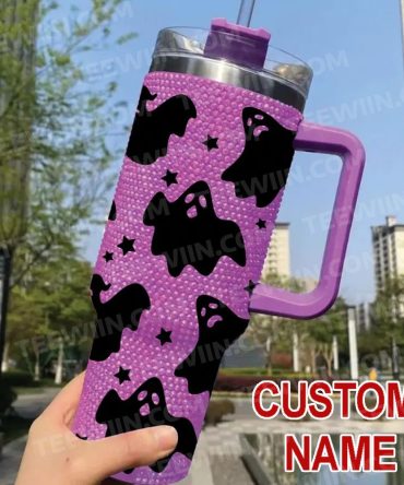 Rhinestone Bling Halloween Spooky Ghost Custom Stanley Quencher 40Oz Stainless Steel Tumbler With Handle