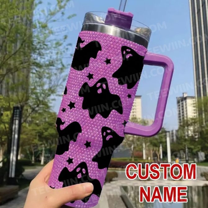 Rhinestone Bling Halloween Spooky Ghost Custom Stanley Quencher 40Oz Stainless Steel Tumbler With Handle