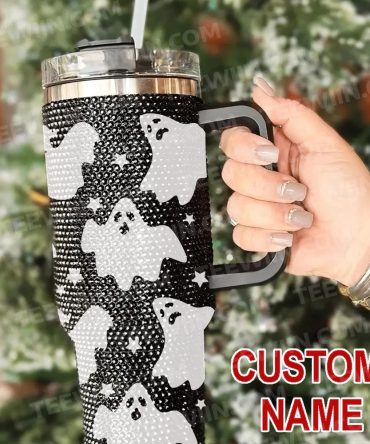 Rhinestone Bling Halloween Spooky Ghost Custom Stanley Quencher 40Oz Stainless Steel Tumbler With Handle