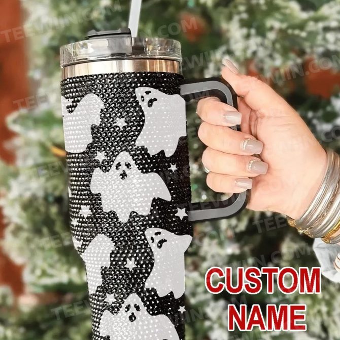 Rhinestone Bling Halloween Spooky Ghost Custom Stanley Quencher 40Oz Stainless Steel Tumbler With Handle
