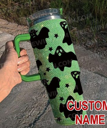 Rhinestone Bling Halloween Spooky Ghost Custom Stanley Quencher 40Oz Stainless Steel Tumbler With Handle