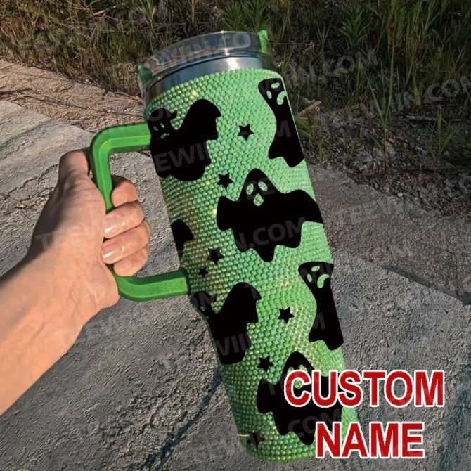 Rhinestone Bling Halloween Spooky Ghost Custom Stanley Quencher 40Oz Stainless Steel Tumbler With Handle