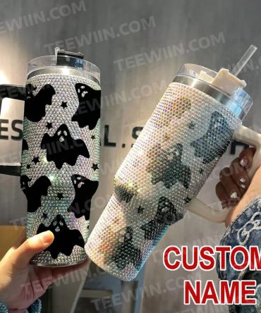Rhinestone Bling Halloween Spooky Ghost Custom Stanley Quencher 40Oz Stainless Steel Tumbler With Handle