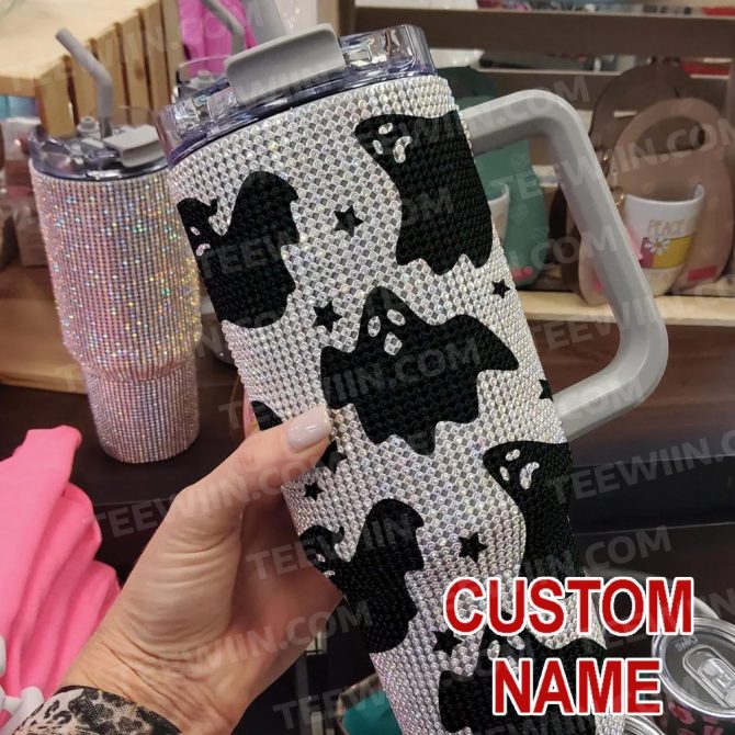 Rhinestone Bling Halloween Spooky Ghost Custom Stanley Quencher 40Oz Stainless Steel Tumbler With Handle - Image 2