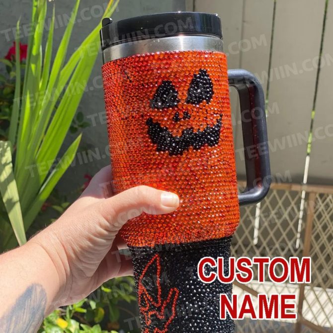 Rhinestone Bling Halloween Spooky Pumpkin Custom Stanley Quencher 40Oz Stainless Steel Tumbler With Handle - Image 3