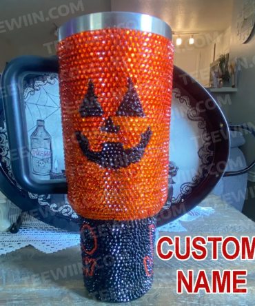 Rhinestone Bling Halloween Spooky Pumpkin Custom Stanley Quencher 40Oz Stainless Steel Tumbler With Handle