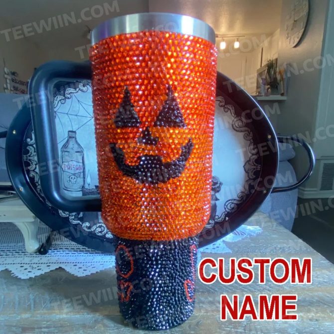 Rhinestone Bling Halloween Spooky Pumpkin Custom Stanley Quencher 40Oz Stainless Steel Tumbler With Handle
