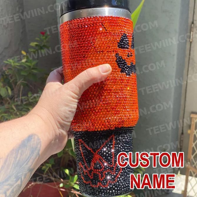 Rhinestone Bling Halloween Spooky Pumpkin Custom Stanley Quencher 40Oz Stainless Steel Tumbler With Handle - Image 4