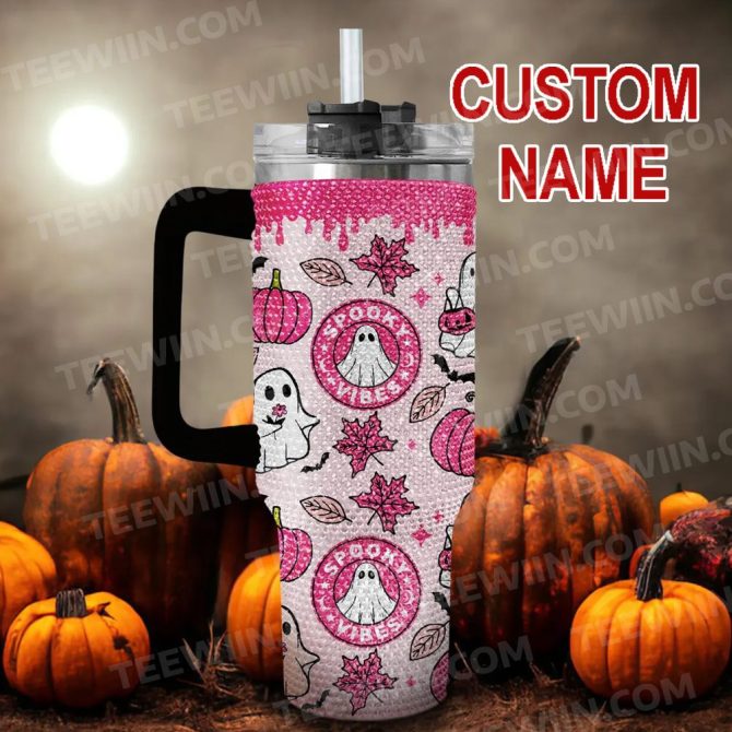 Rhinestone Bling Halloween Spooky Vibe Custom Stanley Quencher 40Oz Stainless Steel Tumbler With Handle - Image 2