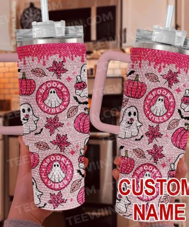 Rhinestone Bling Halloween Spooky Vibe Custom Stanley Quencher 40Oz Stainless Steel Tumbler With Handle