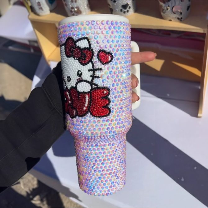 Rhinestone Bling Hello Kitty Cartoon Custom Stanley Quencher 40Oz Stainless Steel Tumbler With Handle - Image 4