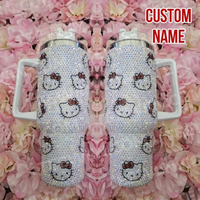 Rhinestone Bling Hello Kitty Cartoon Custom Stanley Quencher 40Oz Stainless Steel Tumbler With Handle