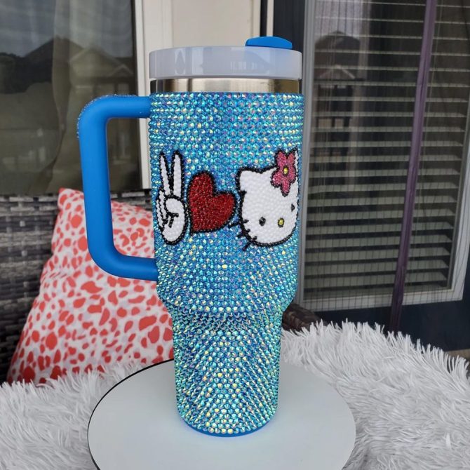 Rhinestone Bling Hello Kitty Cartoon Custom Stanley Quencher 40Oz Stainless Steel Tumbler With Handle