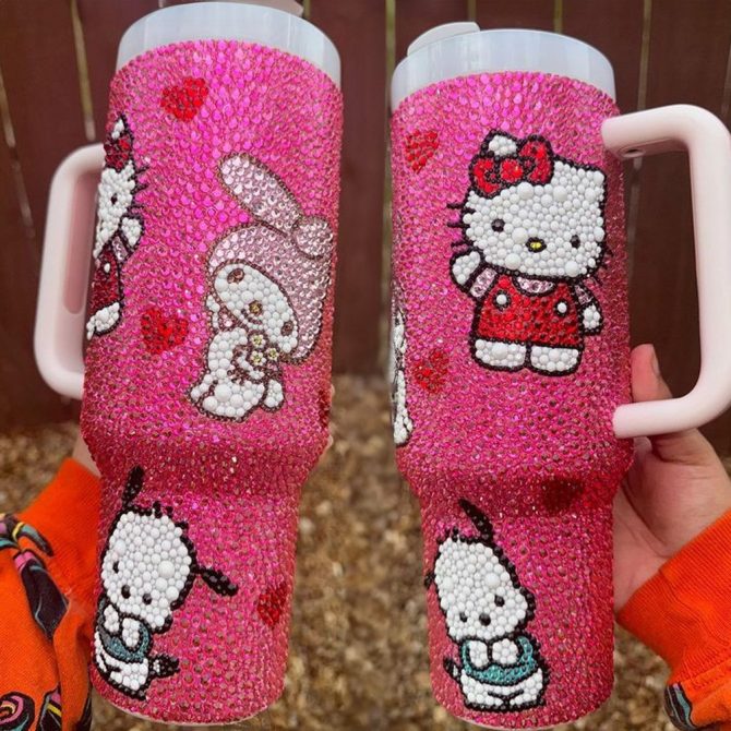 Rhinestone Bling Hello Kitty Cartoon Custom Stanley Quencher 40Oz Stainless Steel Tumbler With Handle