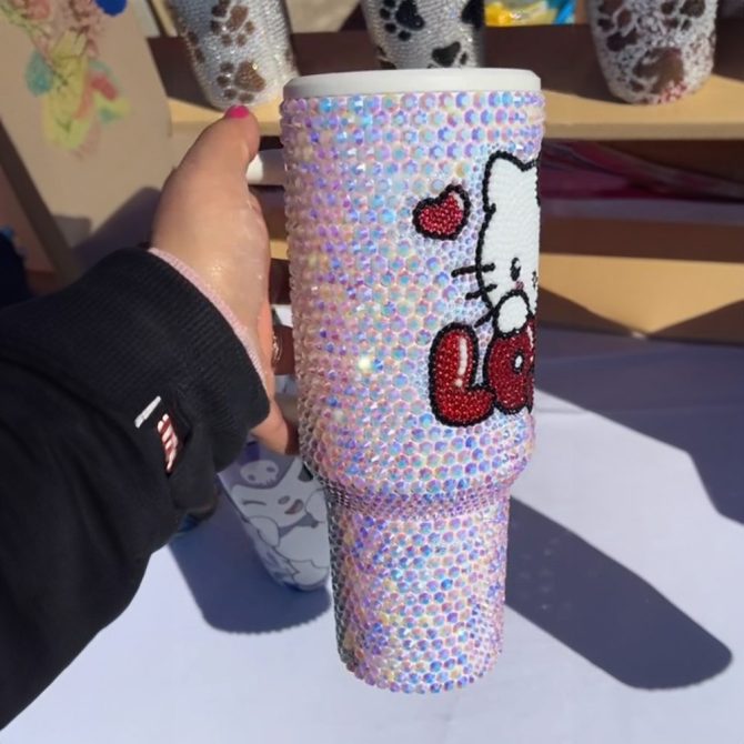 Rhinestone Bling Hello Kitty Cartoon Custom Stanley Quencher 40Oz Stainless Steel Tumbler With Handle - Image 2