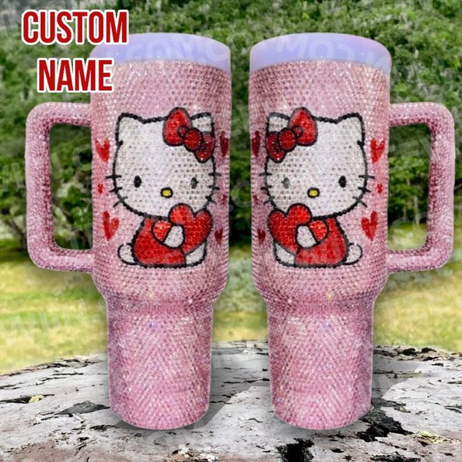 Rhinestone Bling Hello Kitty Cartoon Custom Stanley Quencher 40Oz Stainless Steel Tumbler With Handle