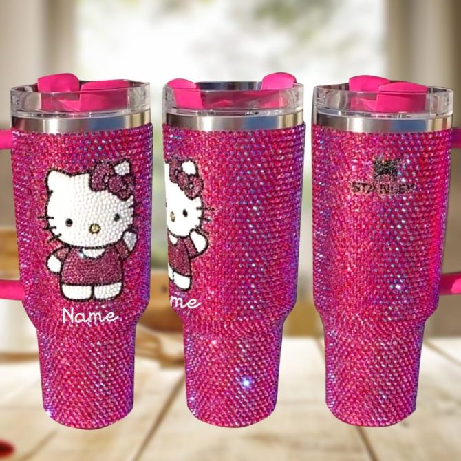 Rhinestone Bling Hello Kitty Cartoon Custom Stanley Quencher 40Oz Stainless Steel Tumbler With Handle