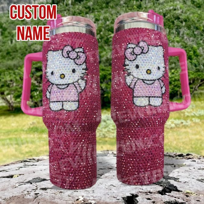Rhinestone Bling Hello Kitty Cartoon Custom Stanley Quencher 40Oz Stainless Steel Tumbler With Handle