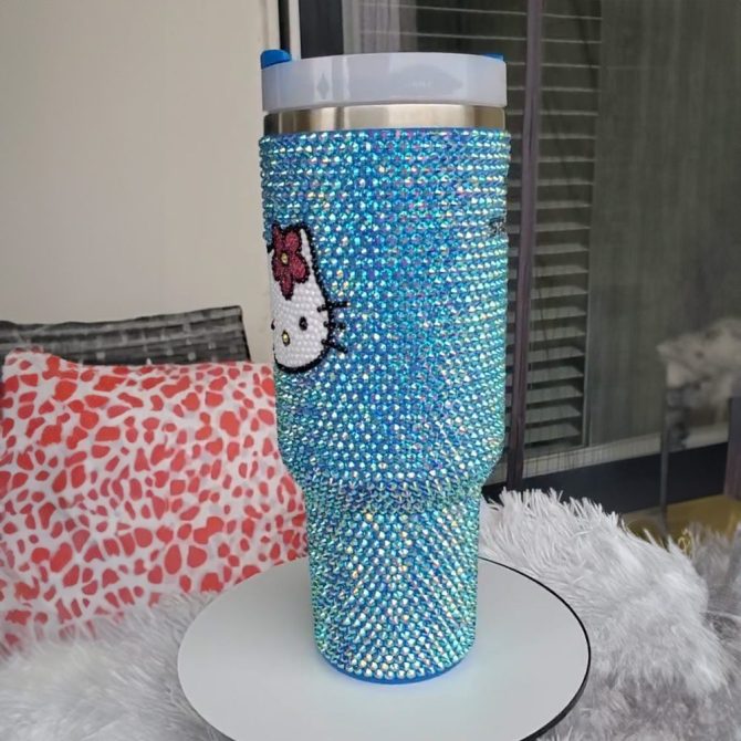 Rhinestone Bling Hello Kitty Cartoon Custom Stanley Quencher 40Oz Stainless Steel Tumbler With Handle - Image 4