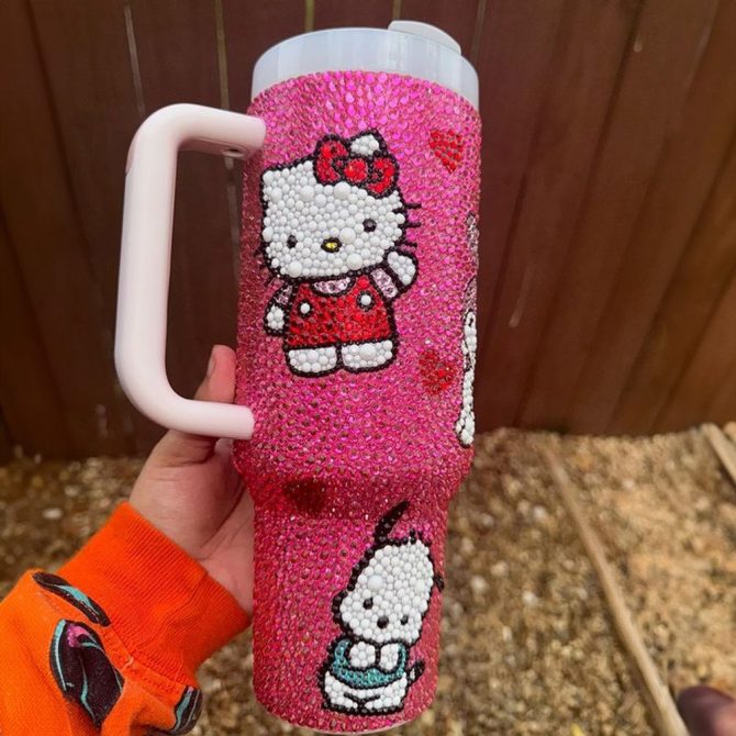 Rhinestone Bling Hello Kitty Cartoon Custom Stanley Quencher 40Oz Stainless Steel Tumbler With Handle - Image 3