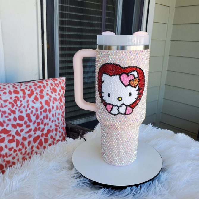 Rhinestone Bling Hello Kitty Cartoon Custom Stanley Quencher 40Oz Stainless Steel Tumbler With Handle - Image 3