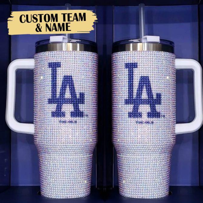 Rhinestone Bling Los Angeles Dodgers Mlb Custom Stanley Quencher 40Oz Stainless Steel Tumbler With Handle