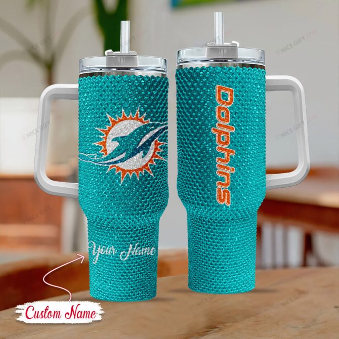 Rhinestone Bling Miami Dolphins Nfl Sports Custom Stanley Quencher 40Oz Stainless Steel Tumbler With Handle