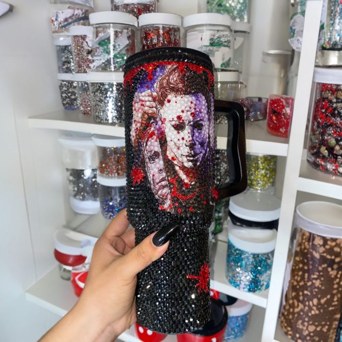 Rhinestone Bling Michael Myers Horror Movies Custom Stanley Quencher 40Oz Stainless Steel Tumbler With Handle