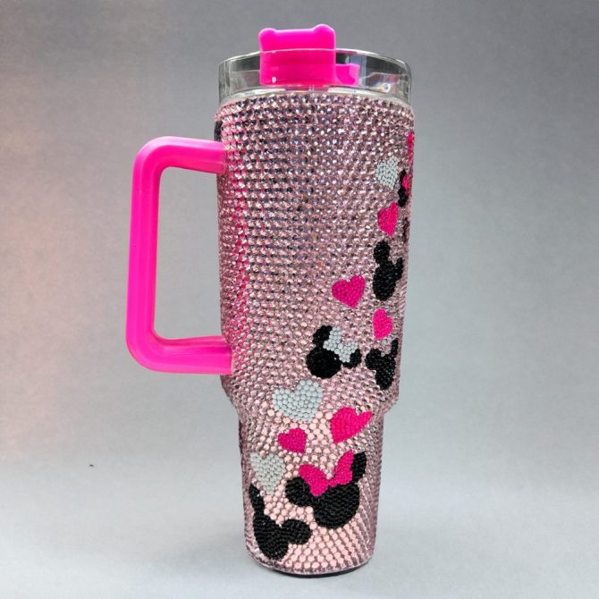 Rhinestone Bling Mickey And Minnie Mouse Cartoon Custom Stanley Quencher 40Oz Stainless Steel Tumbler With Handle - Image 2