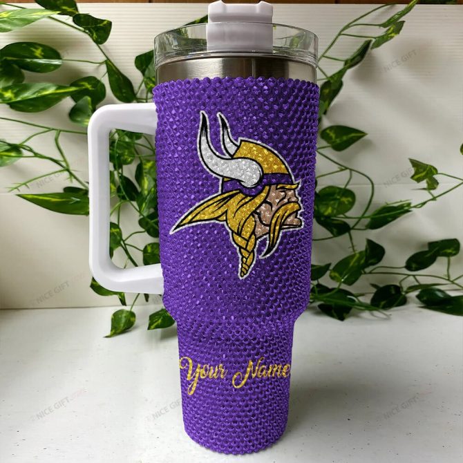 Rhinestone Bling Minnesota Vikings Nfl Sports Custom Stanley Quencher 40Oz Stainless Steel Tumbler With Handle - Image 4