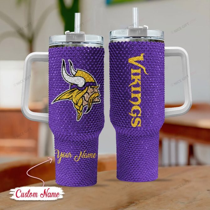 Rhinestone Bling Minnesota Vikings Nfl Sports Custom Stanley Quencher 40Oz Stainless Steel Tumbler With Handle