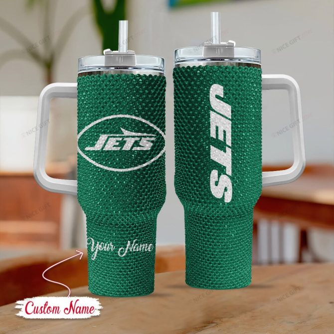 Rhinestone Bling New York Jets Nfl Sports Custom Stanley Quencher 40Oz Stainless Steel Tumbler With Handle
