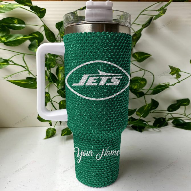Rhinestone Bling New York Jets Nfl Sports Custom Stanley Quencher 40Oz Stainless Steel Tumbler With Handle - Image 4
