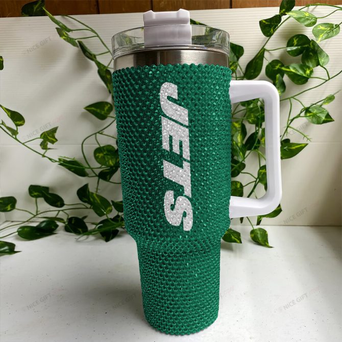 Rhinestone Bling New York Jets Nfl Sports Custom Stanley Quencher 40Oz Stainless Steel Tumbler With Handle - Image 3