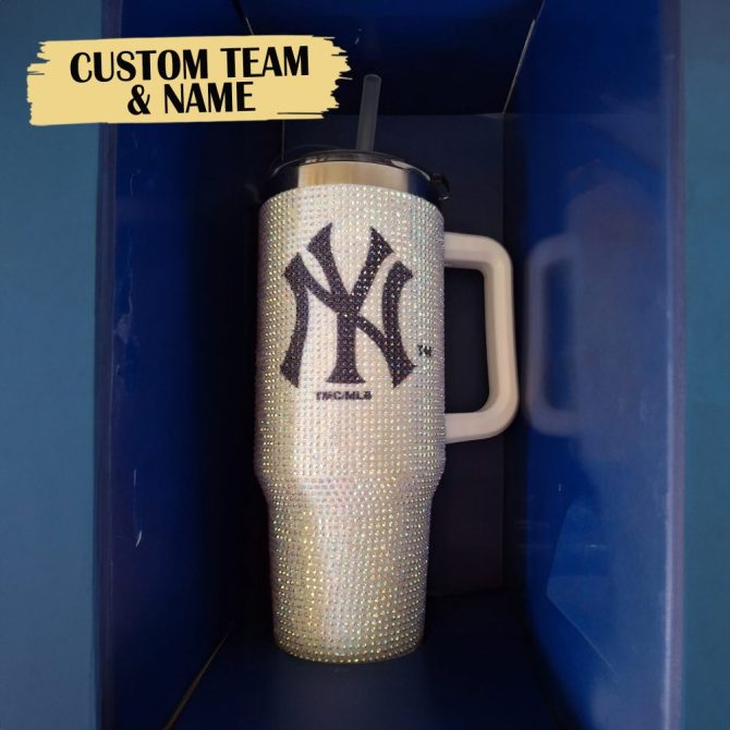 Rhinestone Bling New York Yankees Mlb Custom Stanley Quencher 40Oz Stainless Steel Tumbler With Handle - Image 2