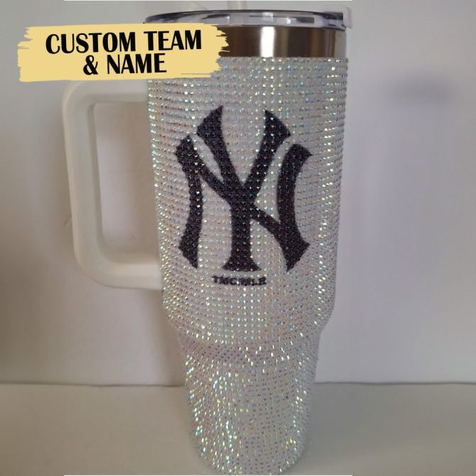 Rhinestone Bling New York Yankees Mlb Custom Stanley Quencher 40Oz Stainless Steel Tumbler With Handle - Image 3