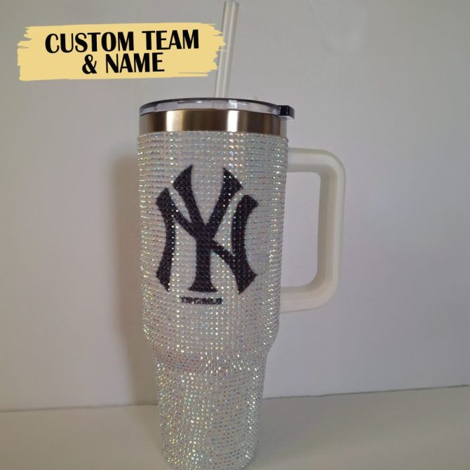 Rhinestone Bling New York Yankees Mlb Custom Stanley Quencher 40Oz Stainless Steel Tumbler With Handle - Image 4