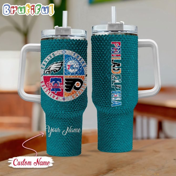 Rhinestone Bling Philadelphia Sport Logo Team Custom Stanley Quencher 40Oz Stainless Steel Tumbler With Handle
